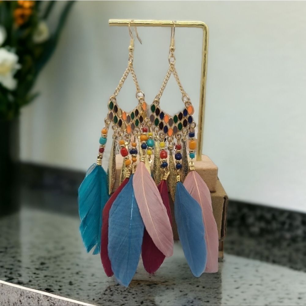 Teal Boho Feather Tassel Chandelier Beaded Dangle Earrings Tribal Native Gypsy